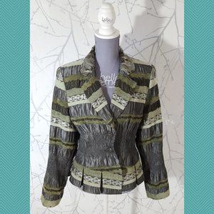 Uptown Girl Metallic Gray & Green Eclectic Striped Crinkle Button Front Blazer